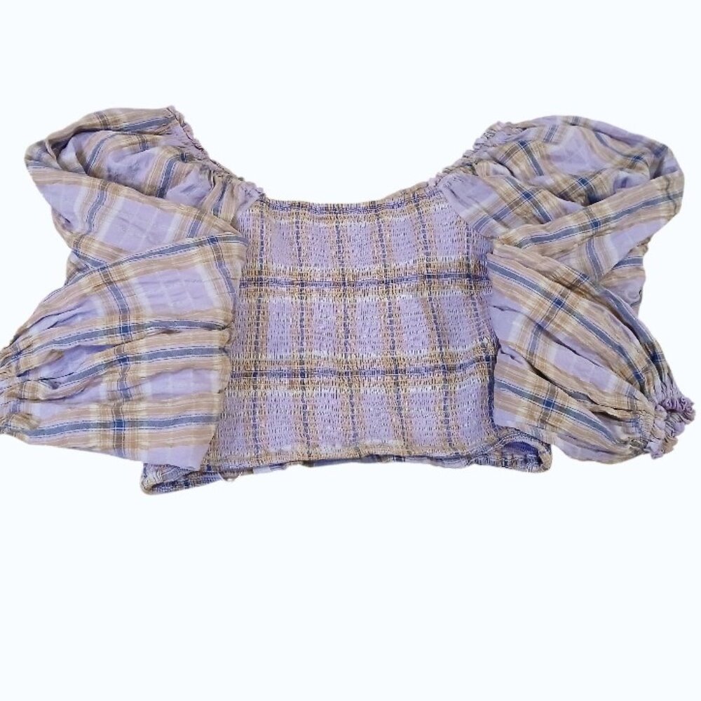 FREE PEOPLE Lavender Plaid Puff Sleeve Crop Midriff Blouse - Picture 11 of 12